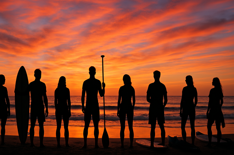 a wide shot taken from a far of black slihuettes of people standing on the beach looking into the sea with a sunset, surf equipment is also visible as black silhouettes around the people (a group of water sports people), both genders and 20-40year olds