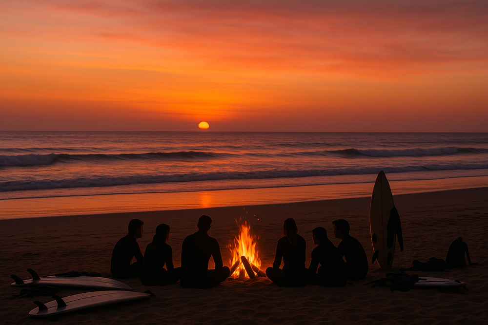 fireplace on the beach at sunset with people sitting around it, surfing equipment around them, black silhouettes. picture is taken quite far away. 